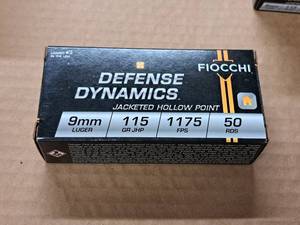 lot 907 image: Lot of (1 Box) Fiocchi Defense Dynamics 9mm Luger 115 gr JHP Cartridges 50-count