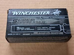 lot 895 image: Lot of (1 Box) Winchester Super Supressed Target & Supression 9mm Luger 147 gr Full Metal Jacket Encapsulated Subsonic Cartridges 50-count