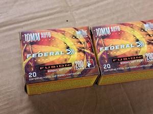 lot 889 image: Lot of (2 Boxes) Federal Fusion 10mm Auto 200 gr Bonded Soft Point Pistol Cartridges 20-count