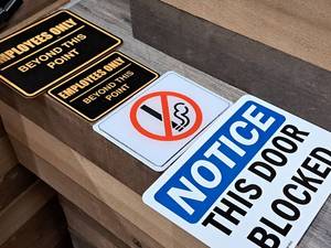 lot 1343 image: Lot of (4) Assorted Business Signs - Employees Only, No Smoking, NOTICE This Door Blocked