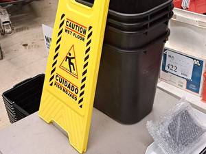 lot 1403 image: Lot of (4) Waste Baskets with WET FLOOR Folding Plastic Sign