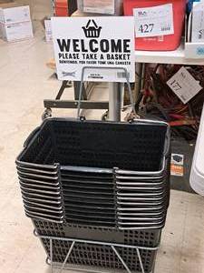 lot 1404 image: Lot of (12) Plastic Shopping Baskets with Basket Rack