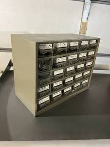 Vintage OHMITE Little Devils Storage Box with Very Cool Large Lot Of Vintage NOS Resistors and 5x5 25-Drawer Industrial Storage Organizer - In Good Condition