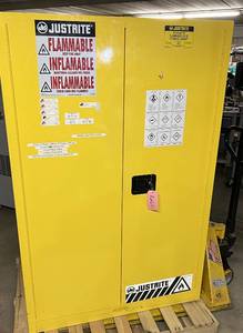 MSRP $1500 Justrite 894500 2-Door 45 Gallon Manual Close Flammable Locking Cabinet With Key - with Sure Grip, High-Performance Fire Resistant Double-Walls, and Galvanized Steel SpillSlope Shelves - In Great Condition