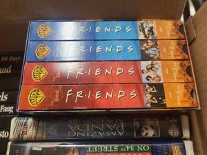 Box of VHS tapes, Friends, Disney, Blade Runner and more.