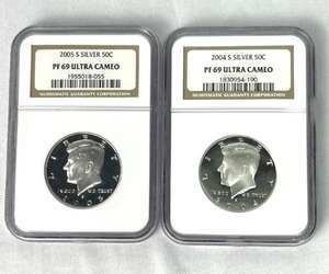 lot 9 image: 2004 and 2005 S (Silver) 50C Kennedy Half Dollar PF 69 Ultra Cameo