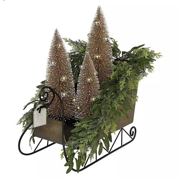 lot 197 image: NEW Members Mark Pre-Lit Decorative Metal Sleigh with Trees - Bronze