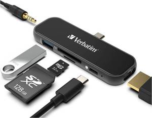 lot 879 image: Verbatim 6-in-1 USB C Hub Adapter - 100W Power Delivery, USB 3.0 Ports, SD Card Readers, 3.5mm Audio Port for USB C Laptops
