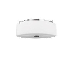 lot 343 image: SUNSET DRIVE SMALL TWO LIGHT FLUSH MOUNT MODERN CEILING FIXTURE 4.75 HEIGHT STEEL ROUND WHITE OPAL ETCHED SHADE IN CHROME