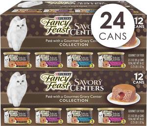 lot 381 image: NEW Purina Fancy Feast Pate Wet Cat Food Variety Pack, Savory Centers - (2 Packs of 12) 3 oz. Pull-Top Cans