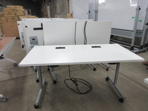 lot 262 image: OFS FLIP TOP TRAINING TABLES WITH POWER PORTS AND WHEELS.