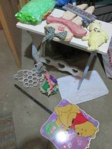 Heart themed wooden side table and Easter decor to accompany