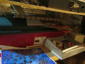 Dome Top Christmas wrap n store organizer tote with wrapping paper, gift bags, window clings, gift boxes, Angel Tree topper, ribbon and more