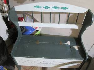 Painted wood Outdoor Bench with lift-to-open seat revealing a compartment for storage. measures approximately 361536