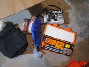 Hoppes gun cleaning k8t in plastic case, Bushnell expo binoculars, rope, protective eyewear and more