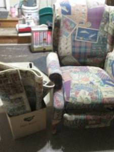 Super Comfy Wingback style Recliner with fisherman type patterned Upholstery PLUS (2) rugs
