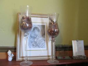 Large Framed portrait, pair of tall decorative goblets and other decor