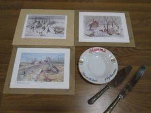 Collectible Hamms Beer Ashtray, Les Kouba Unframed 810 prints and silver plated cake serving pieces