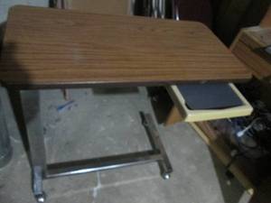 Furniture lot consisting of a microwave stand, multimedia tower shelf and rolling hospital style adjustable tray