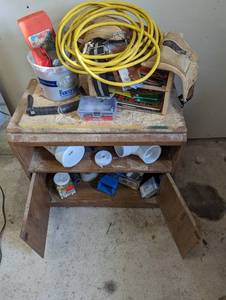 Rolling cart full of supplies Electrical, plumbing, extension cord, sandpaper, toolbelt and more