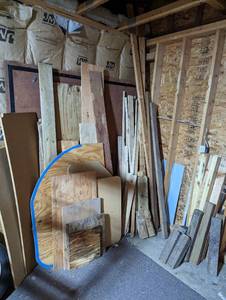 Huge corner lot of assorted size plywood, 24, 44 and other Misc scrap lumber