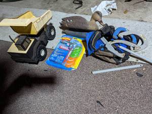 Vintage Metal Tonka dumptruck, decoy and outdoor games