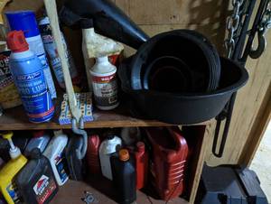 Large Lot of Automotive fluids, chains, oil drain pants and more