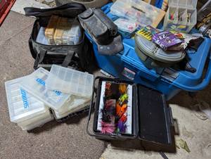 Massive assortment of compartmentalized tackle organizers plus some fishing lures, tackle and other supplies(Blue Sterlite tote NOT included)
