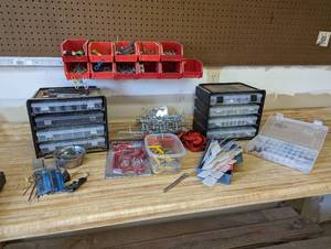 Part organizer trays and Bins loaded with drill bits, hex keys and hardware PLUS storage and pegboard hooks