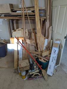 Huge lot of wood slabs, slats, sheets and chunks of assorted size and types. Includes misc sheetrock PLUS all kinds of stains and paintings supplies.