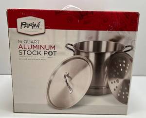 lot 14 image: Parini Cookware 16 QT Aluminum Stock Pot With Lid & Steam Rack