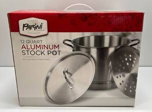 lot 15 image: Parini Cookware 12 QT Aluminum Stock Pot With Lid & Steam Rack