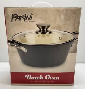 lot 23 image: Parini Cookware 5 Quart Porcelain Enamel Cast Iron With Glass Lid