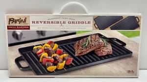 lot 27 image: Parini Cookware Grill Master Collection Seasoned Cast Iron Reversible Grill 20 x 9
