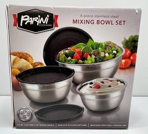 lot 79 image: Parini Cookware 6 - Piece Stainless Steel Mixing Bowl Set 1.5 QT, 3 QT, 5 Qt. With Non - Slip Silicone Bottoms & Matching Tight-Seal Sto