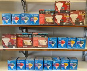 lot 95 image: Large Group Of Misc. Security Lights & Multi Colored Light Bulbs