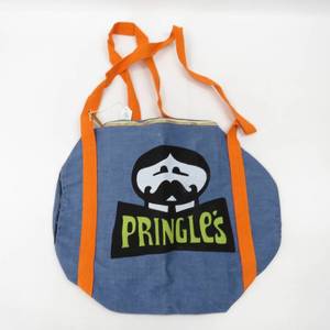 lot 19 image: Vintage 70s Promotional Blue Denim Zippered Duffle Bag Pringles Mustache Man