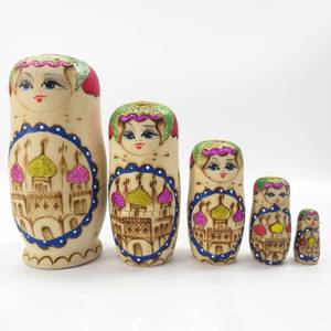 lot 25 image: Vintage 5 pc Russian Nesting Stacking Dolls Hand Painted Pyrography