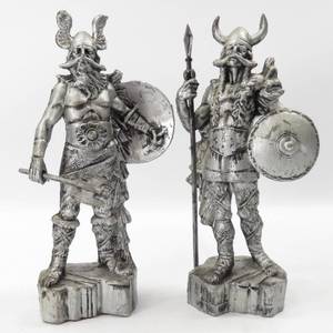 lot 27 image: Lof of 2 Vintage Enesco Silver Plastic Viking Statue Barbarian Figure Sculpture