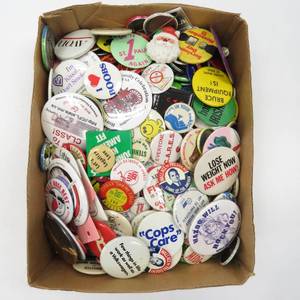 lot 34 image: Lot of Vintage Pinbacks, Variety, Political, Humor, Advertising & More