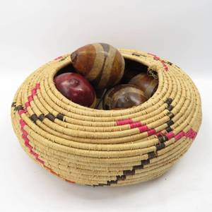 lot 39 image: Vintage Woven Basket with Gourds Shakers Earthtones