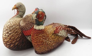 lot 40 image: Vintage Fabric Stuffed Pheasant & Turkey CenterpiecesPillows