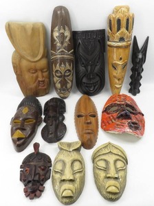 lot 60 image: Vintage Wooden & Ceramic Tribal MasksWall Hangings
