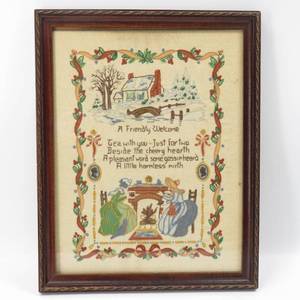 lot 63 image: Antique Cross Stitch Art Framed -A Friendly Welcome