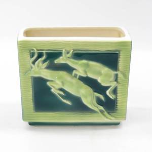 lot 65 image: MCM Art Ceramic Planter Square Vase Blended Green Glaze Royal Copley Gazelles Deer