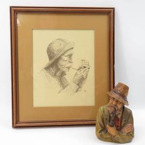 lot 76 image: Joni Eareckson Framed Old Man & Pipe Art Sketch & Wood Carved Figurine Bust