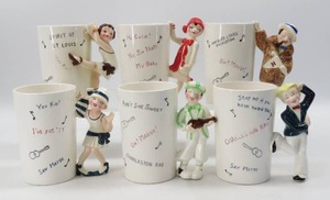 lot 90 image: Set of 6 Vintage Shafford Ware Japan Roaring 20s Ceramic Mugs Whimsical