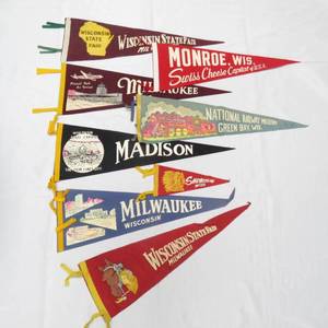 lot 92 image: 8 Vintage Wisconsin Pennants, State Fair, Milwaukee, Madison & More