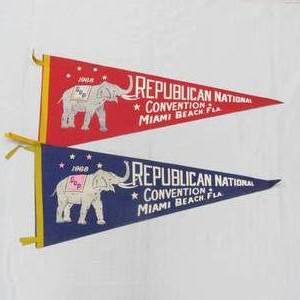 lot 97 image: Set of 2 Vintage 1960s Red & Blue GOP Republican National Convention Pennants