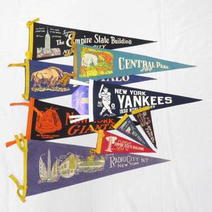 lot 100 image: 9 Vintage New York Travel Souvenir Pennants, Empire State Building, Yankees & More
